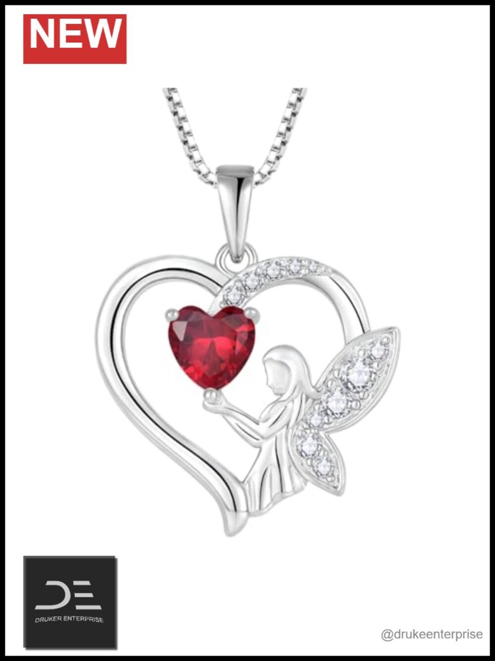 925 Sterling Silver Guardian Angel Pendant Necklace with Cubic Zirconia Ruby